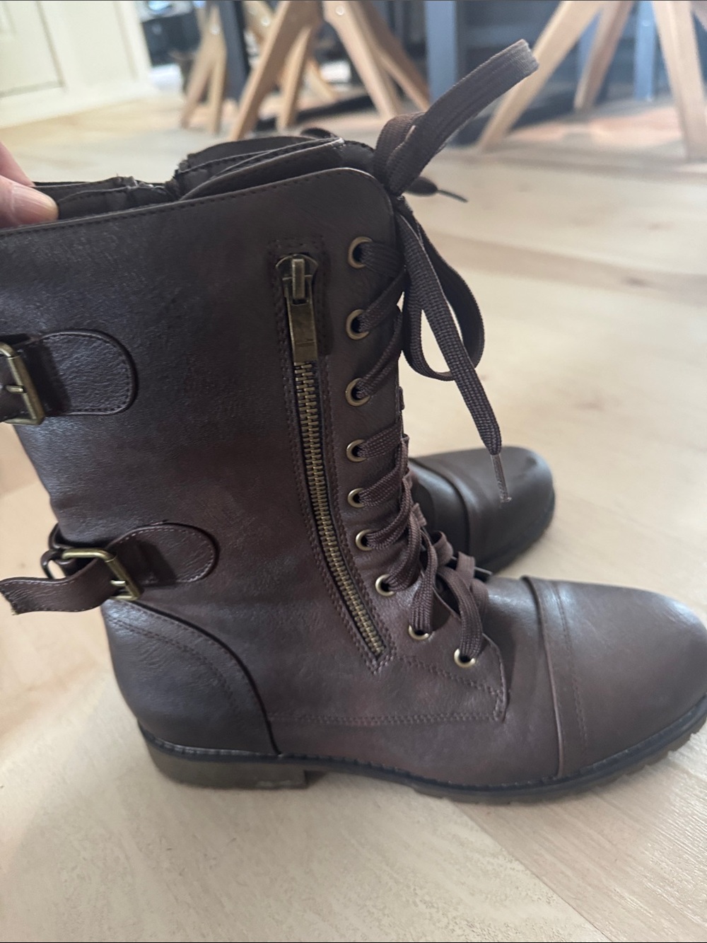 Dream Pairs Brown Lace-Up Combat Boots with Side Zipper